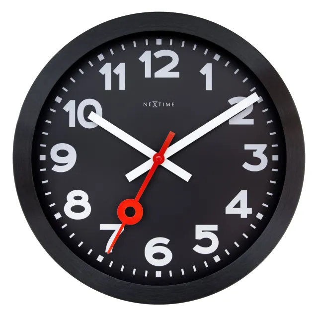 NeXtime Wandklok 35 cm-Geruisloos-Zwart-Geanodiseerd aluminium-NeXtime 'Station All Black'