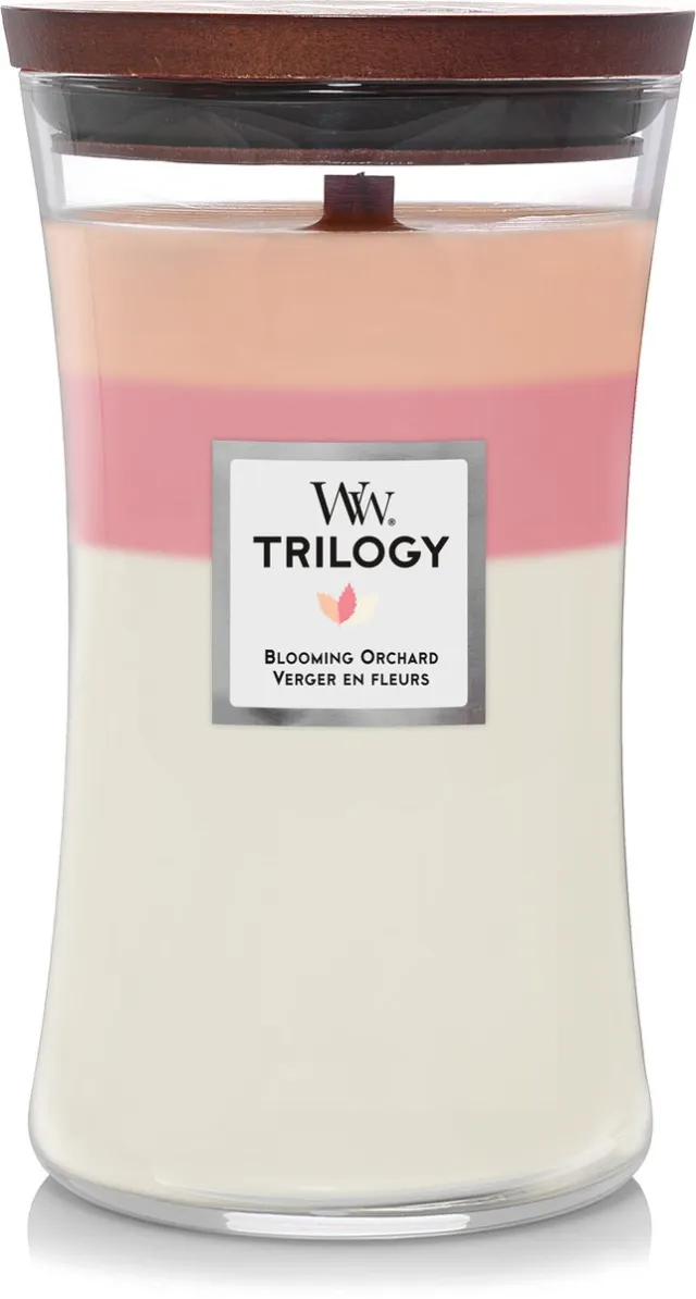 Woodwick Hourglass Trilogy Large Geurkaars - Blooming Orchard - 130 branduren Oranje, Roze, Wit