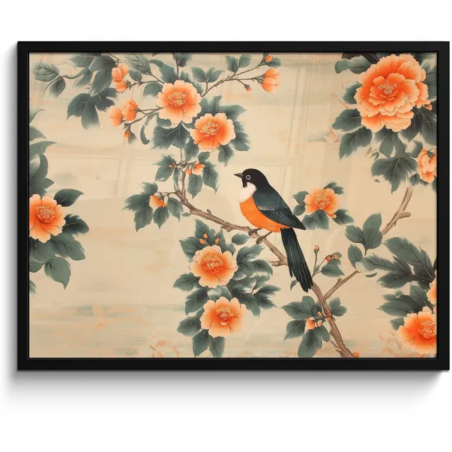 FrameYourWall Poster in lijst - Fotolijst 70x50 cm - Posters - Vogel - Tak - Bloemen - Oranje - Posterlijst zwart - Decoratie - Wanddecoratie woonkamer - Muurdecoratie slaapkamer