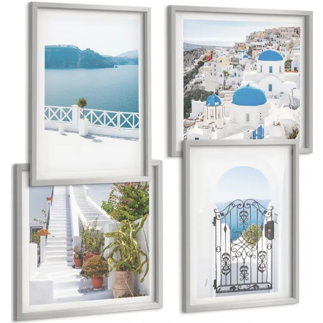 TULUP 4-Delige Schilderij Set - Witte trap met planten, uitzicht op zee en poort - 40 x 40 cm en 40 x 60 cm - Wanddecoratie - Schilderijen Set - Interieur - Woonkamer Decoratie Zilveren lijst