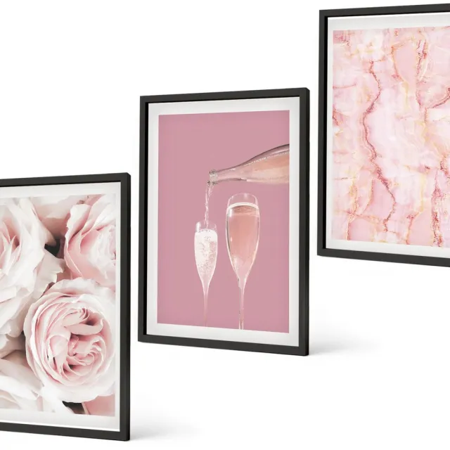Coloray 3-Delige Schilderij Set - Champagnekleurige Rozen En Een Pastelkleurige Marmeren Achtergrond - 40 x 60 cm - Wanddecoratie - Schilderijen Set - Kantoor - Woonkamer Decoratie Zwarte lijst