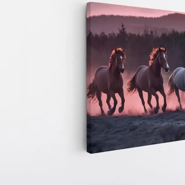 Saammp Canvas Schilderij - Paarden in zonsondergang - Natuur - Dieren - 30x30 - Foto op canvas - Wanddecoratie - Muurdecoratie Woonkamer - Slaapkamer decoratie - Canvas Print Multicolor