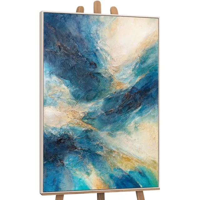 YS Canvas schilderij handgeschilderd shimmering waves abstract – YS-Art Gallery – Luxe wanddecoratie voor woonkamer – Modern schilderij voor slaapkamer en hal Beige