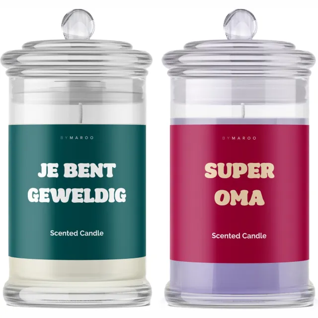 By Maroo Kaarsen geschenkset Oma - Super Oma Je Bent Geweldig - Grappige Cotton & Lavendel Geurkaarsen in Glas met Tekst - Verjaardag Cadeau Oma - Geschenkset - Happy Birthday - Cadeautjes voor Haar Volwassenen