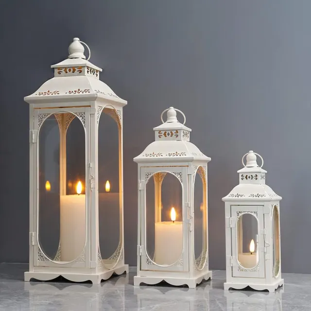 TRIROCKS Set van 3 Vintage Decoratieve Kaarslantaarns - Wit Metaal & Glas