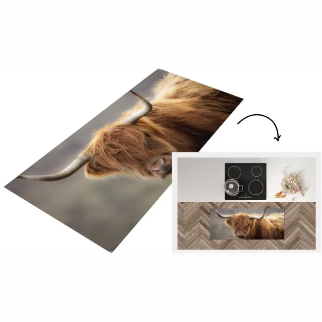 KitchenYeah Keukenloper - Loper keuken - Schotse Hooglander - Hoorns - Haar - 120x50 cm - Keukenloper vinyl Multicolor