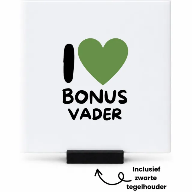 Hacebo I love bonus vader met groen hart tegeltje met tegelhouder - Vader - Liefste bonusvader - tegeltjes met tekst - Vaderdag cadeautje - Cadeau voor papa - Verjaardag - Geschenk - Cadeau - Gift - spreuktegels - 10.8x10.8 CM Wit
