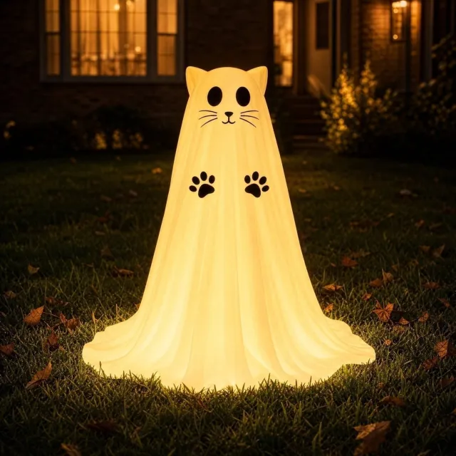 Ulisem Halloween Kat Spook Figuur 29,5 Cm - Tuindecoratie - Oplichtend Lichteffect - Weerbestendig Plastic - Binnen & Buiten Gebruik - Feestdecoratie Voor Huis & Tuin