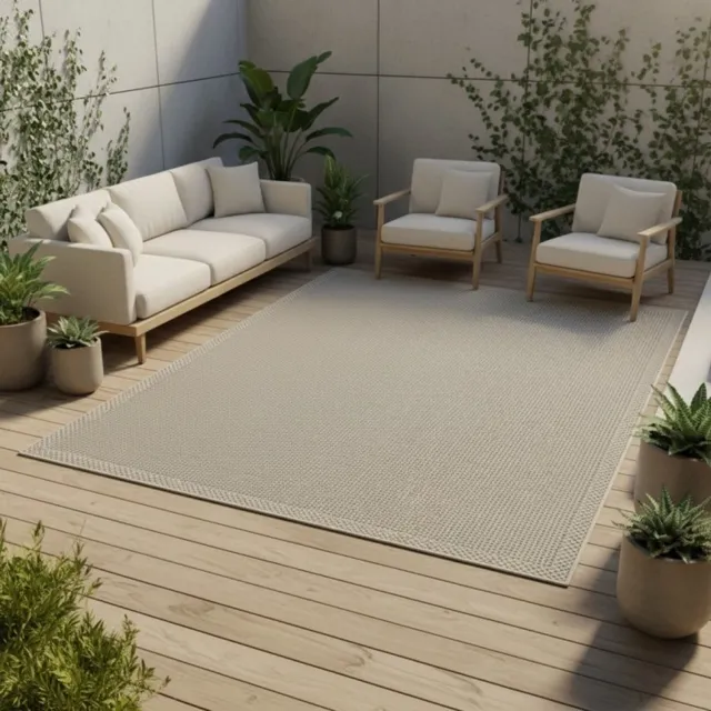 TapisTrend Designer tapijt Beigegrijs Plat geweven gemêleerd vloerkleed met rand voor binnen en buiten, geschikt voor terras, balkon en woonkamer