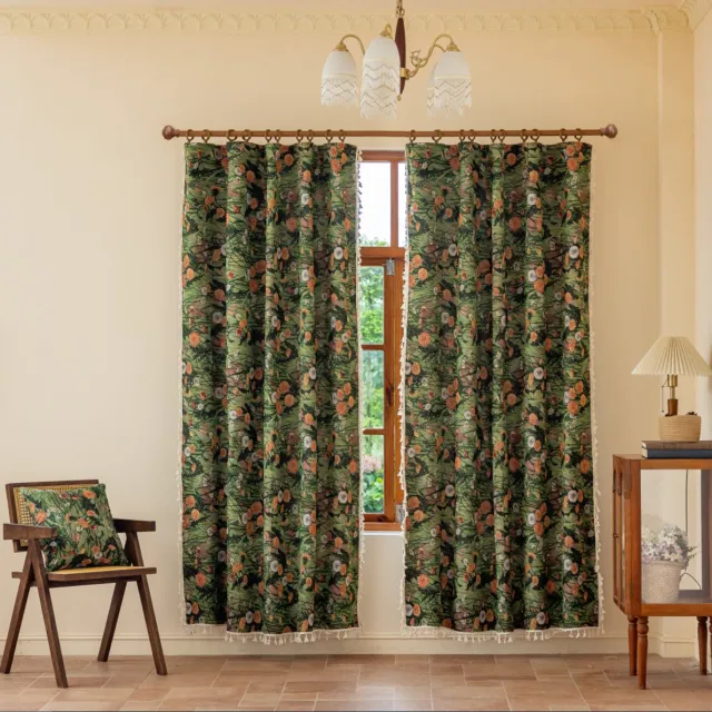 Floraweg Polyester gordijnen met olieverfprint van wilde bloemen, vintage jacquardgordijnen met kwastjes en franjes voor interieurdecoratie, 145 x 220 cm groen