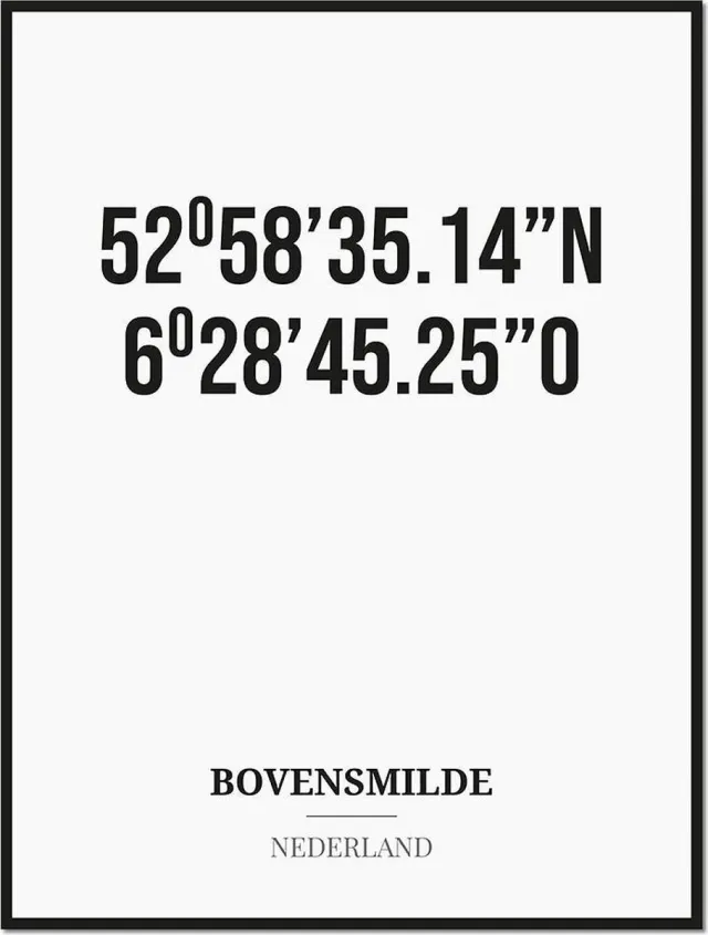 Studio216 Poster/kaart BOVENSMILDE met coördinaten zwart, wit