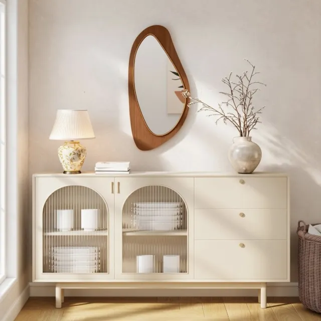 STILVORA Wandspiegel – Organische Vorm – 91,5 x 45 x 3 cm – Hout, Glas en MDF – Naturel – Voor Hal, Woonkamer en Slaapkamer Natural Wood