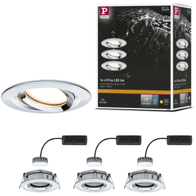 Paulmann LED-inbouwlamp Set Nova Plus Coin Dim IP65 Rd Zwenk LED 3x6W 470lm 2700K Chroom/Alu