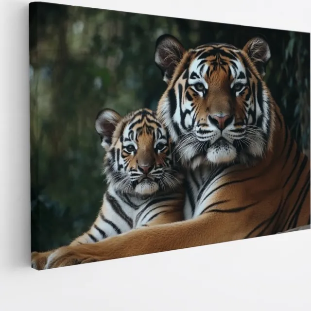 Saammp Canvas Schilderij - Tijger welp met moeder - Natuur - Dieren - 60x40 - Foto op canvas - Wanddecoratie - muurdecoratie Woonkamer - Slaapkamer decoratie - Canvas Print Multicolor
