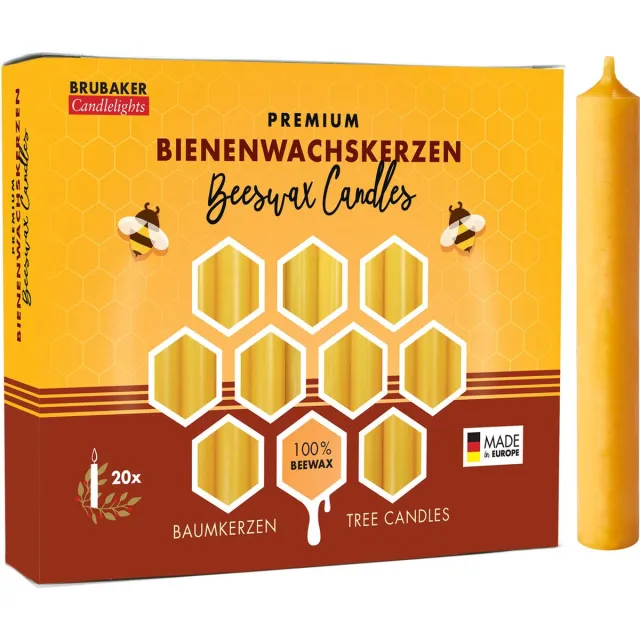 Brubaker 20 Stuks Boomkaarsen - 100% Bijenwas - Kerstkaarsen - Piramidekaarsen - Kerstboomkaarsen - Kaarsen - Kaarsjes - 95/12.5 mmHoninggeel 20 st. 100% Bijenwas