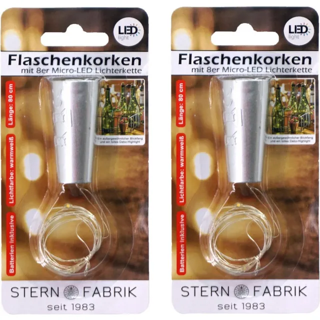 Stern fabrik flesverlichting kurk - 2x - lichtsnoer - zilver - LED - 80 cm - bottle lights