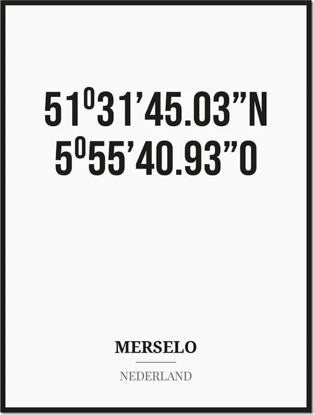 Studio216 Poster/kaart MERSELO met coördinaten zwart, wit