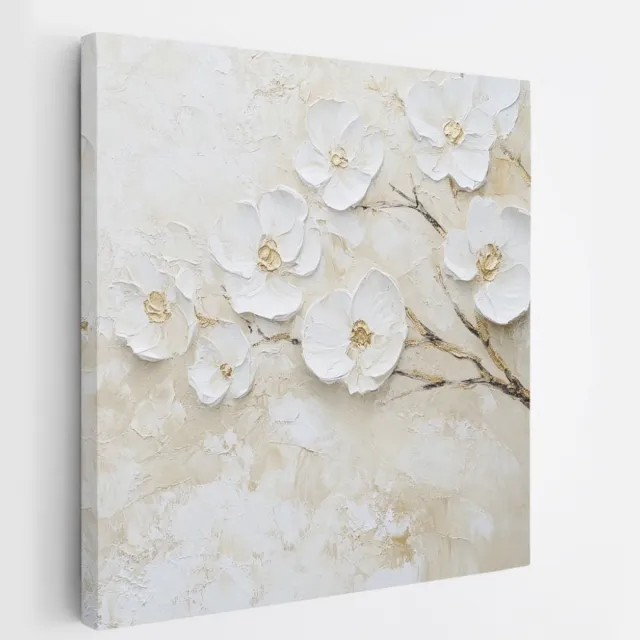 Saammp Canvas Schilderij - Witte Bloemen en Takken - Natuur - Textuur Abstract - 20x20 - Foto op canvas - Wanddecoratie - Muurdecoratie Woonkamer - Kantoor Decoratie Multicolor