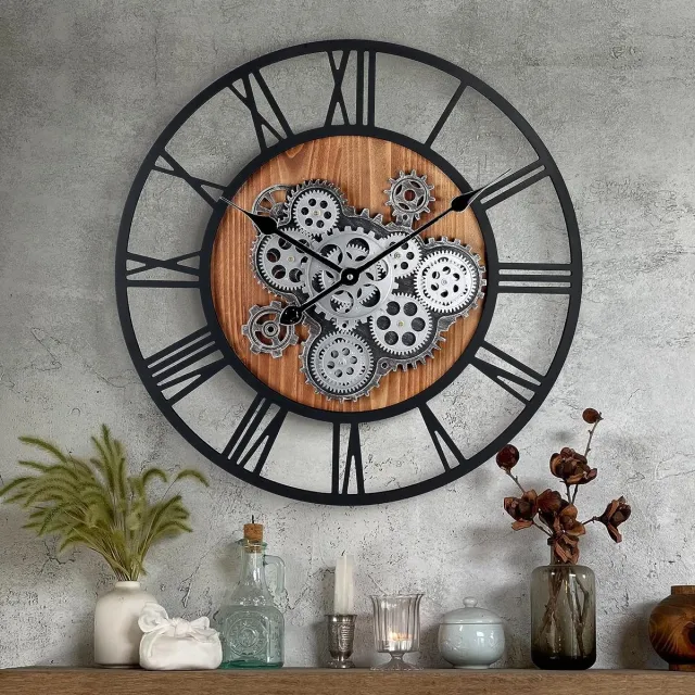 meerklose Houten Grote Industriele Zwarte Wandklok met Draaiende Tandwielen Rond 57 cm Romeinse Cijfers Decor Muurklok voor Woonkamer Slaapkamer Bar XL