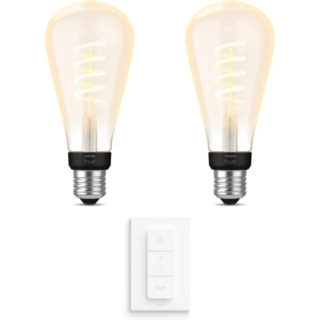 Philips Hue Uitbreidingspakket - E27 - met 2 Filament Edisonlampen Groot (ST72) - Warm tot Koelwit Licht - Incl. 1 Hue Dimmer Switch - Hue White Ambiance Filament