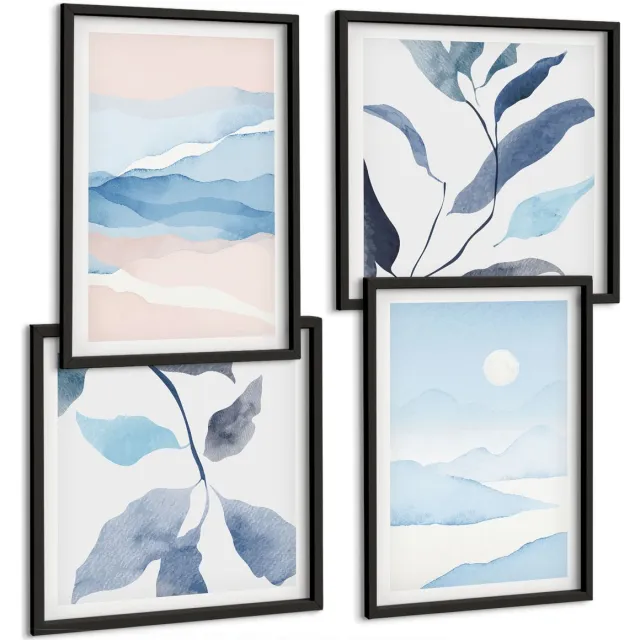 Coloray 4-Delige Schilderij Set - Verfijnde Berglandschappen Met Planten In Aquarel. - 40 x 40 cm En 40 x 60 cm - Stijlvolle Muurdecoratie - Slaapkamer Zwarte lijst