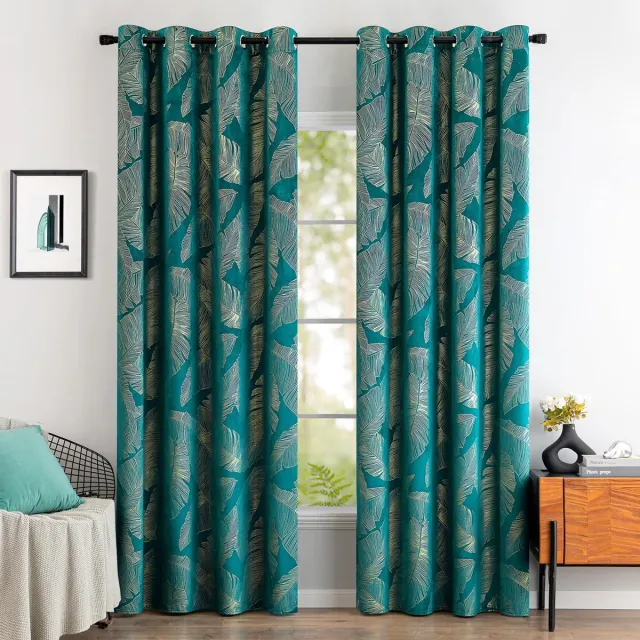 My Ninki ® Verfijnde Turquoise Fluwelen Gordijnen met Elegant Goudfolie Bladerpatroon voor Stijlvolle Interieurs groen