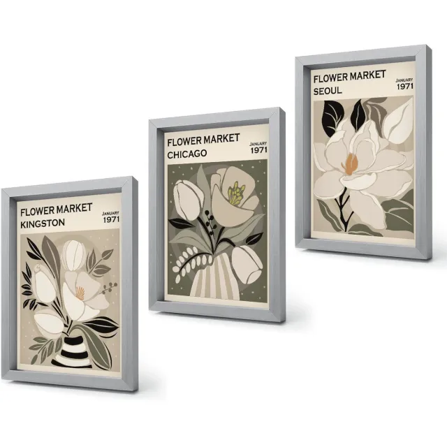 Coloray 4-Delige Schilderij Set - Bloemen van de markten van Kingston, Chicago en Seoul in een retrostijl. - 20 x 30 cm - Muurdecoratie - Interieur Decoratie Zilveren lijst