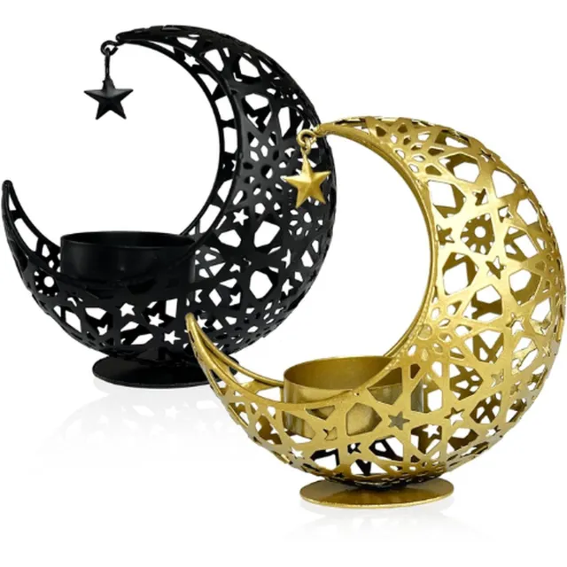 BOG Eid Mubarak Maan Kaarsenhouder - 2 Stuks Ramadan Kaarsenhouder Decoraties - Maan Vorm Kaarsenhouder - Theelicht Kaarsenhouder - Metalen Crescent Wierookbrander GOUD ZWART