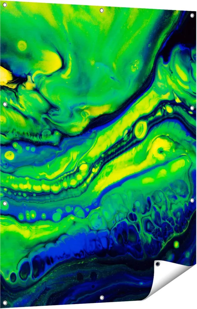 Gards Tuinposter Abstracte Kunst Blauw met Groen - 90x120 cm - Tuindoek - Tuindecoratie - Wanddecoratie buiten - Tuinschilderij Multikleur