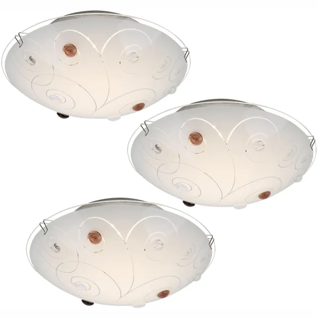 Globo Plafondlamp glazen kap plafondlamp 1-vlam woonkamerverlichting opaal met decoratieve stenen, metalen chromen lijnen, 1x LED 8 watt 640 lm, set van 3 Wit