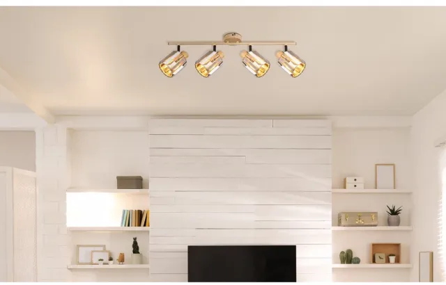 NOWA Plafondlamp kristallen 4 vlammen spot rook plafondlamp hout look, metaal, 4x E14 stopcontacten, LxBxH 64x9x15 cm