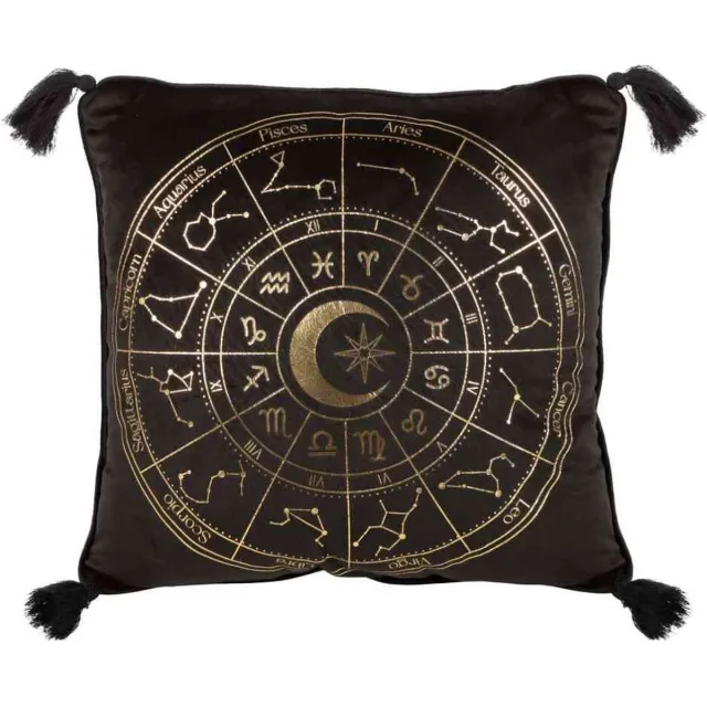 Something Different Astrologie Wiel Fluwelen Kussen - 35cm - vierkant zwart /goudkleurig