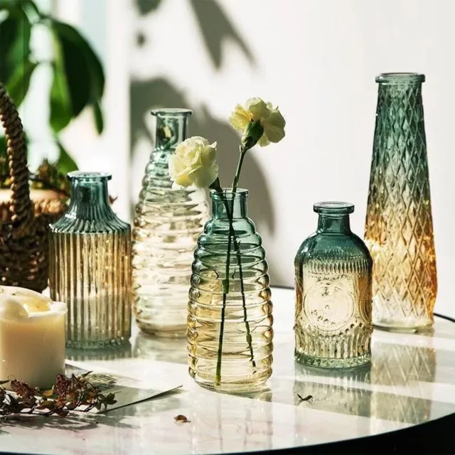 Famanu Glazen bud vazen, set van 5, mooie heldere vaas, vintage fles voor tafeldecoraties, bruiloftsdecoratie, receptie, thuis wit