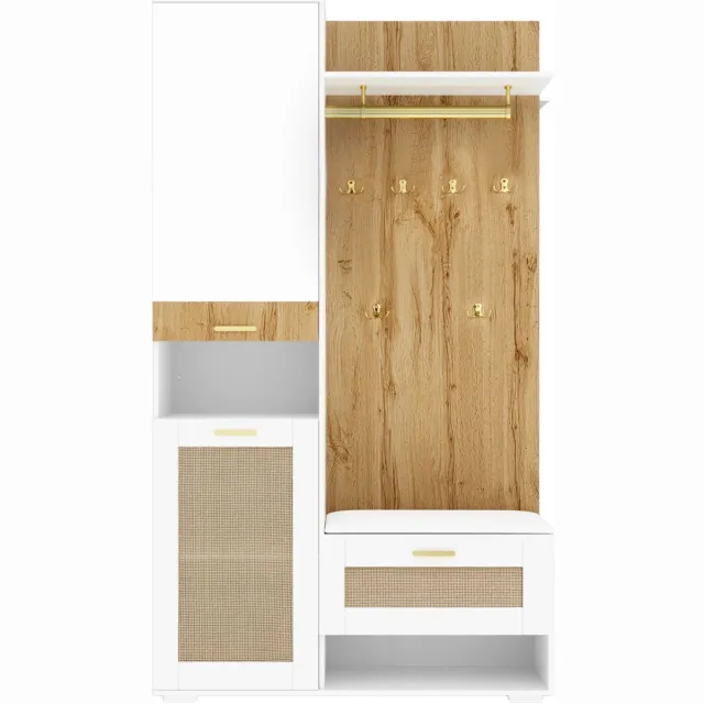 Happiq Wardrobe Set - Garderobeset met Spiegel, Kapstokhaken, Schoenenkast - Modern Design met LED Verlichting 16 Kleuren, Hout Wit A