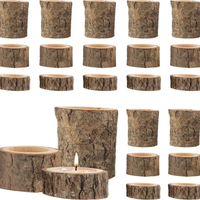 Allecto Plus Houten Theelichthouders Set van 24 - Drie Maten Kandelaars van Hout - Kandelaar voor Bruiloft Decoratie - 55 x 25 cm, 55 x 6 cm, 6 x 7 cm met Gratis Verzending. Any
