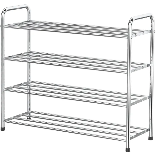 Famanu Schoenenrek met 4 lagen, roestvrijstalen schoenenorganizer voor maximaal 12 paar schoenen, geschikt voor woonkamer, garderobe en hal, 68 x 26 x 65 cm, zilver