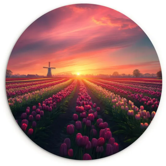 WallCircle Wandcirkel 30x30 cm - Muurcirkel Windmolen - Zonsondergang - Landschap - Muurdecoratie woonkamer - Wanddecoratie slaapkamer - Kamer decoratie accessoires - Ronde schilderijen Bloemen - Tulpen