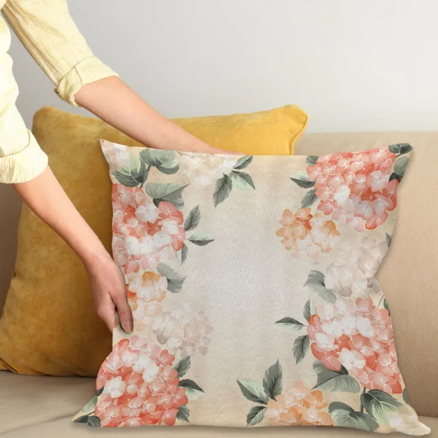 ABAKUHAUS Bloemen Kussenhoes, Bloeiend Hydrangea Bloemen, Wasbare Kussenhoes met Ritssluiting, Kleurechte Heldere Kleuren en Dubbelzijdige Print, 40 x 40 cm, Reseda Groen Lachs