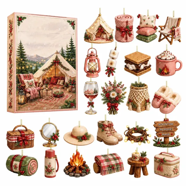SWGOTA Adventskalender 2026 met roze kampeerthema - 24 acryl hangdecoraties - Genummerd van 1 tot 24 - 26 x 18 x 3 cm