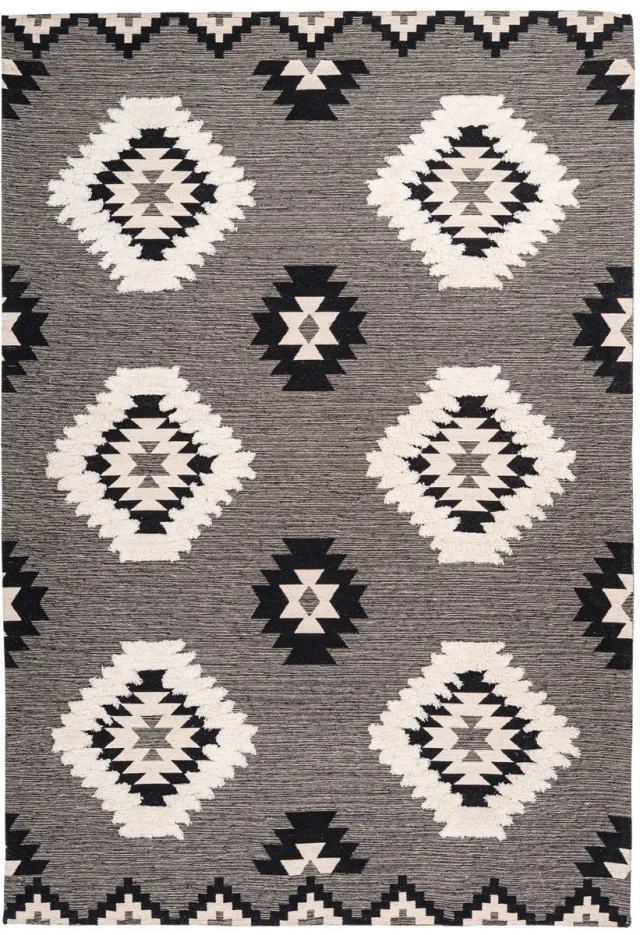 Padiro stijlvol laagpolig vloerkleed 120 x 170 cm - donkergrijs - geometrisch boho-patroon - voor vloerverwarming - van katoen en polyester