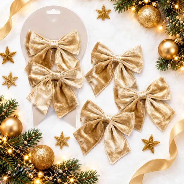House of Seasons Kerst ornamenten strikken - 24x st - champagne - 12 x 13 cm - kerstboomstrikjes