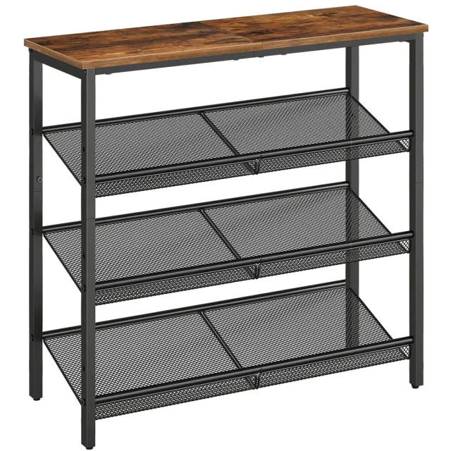 Famanu Schoenenrek met 4 verdiepingen, verstelbaar metalen roosterrek voor 12-15 paar schoenen, vintage bruin-zwart
