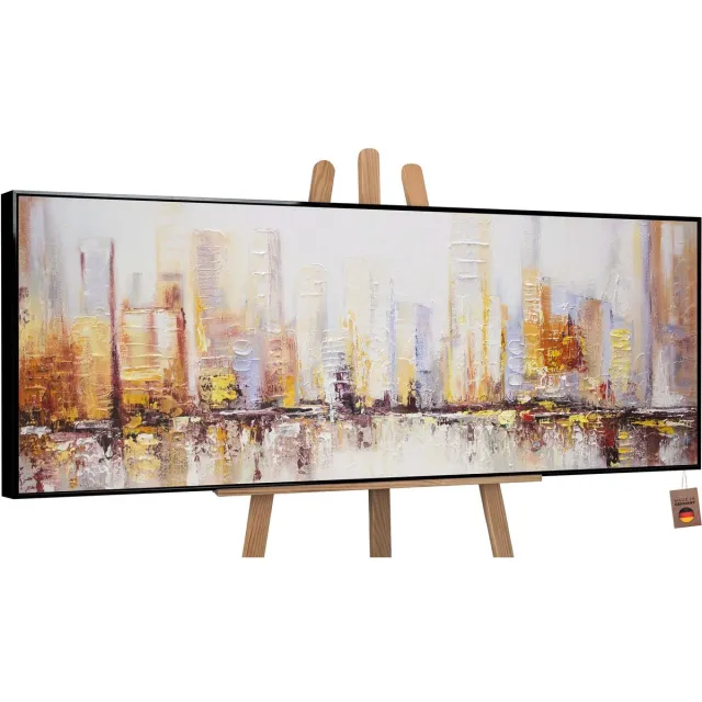 YS Canvas schilderij panoramisch handgeschilderd ochtend in de stad stedelijk – YS-Art Gallery – Luxe wanddecoratie voor woonkamer – Modern schilderij voor kantoor en hal Black