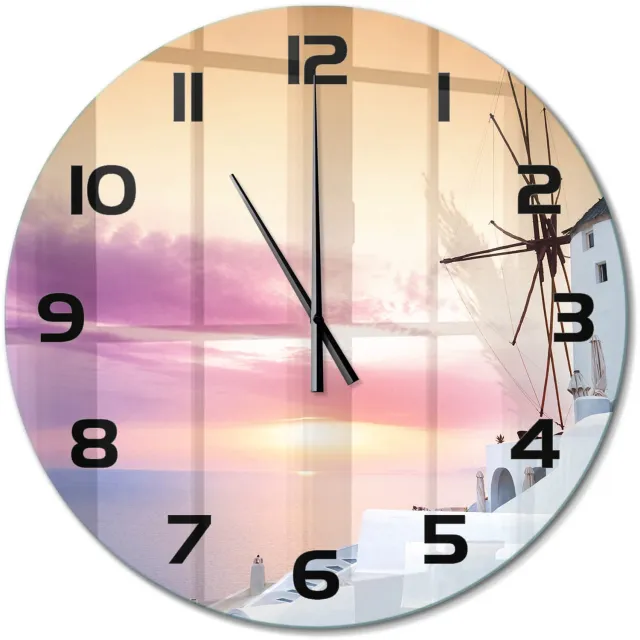 TULUP Wandklok - Santorini, Griekenland Klok Glas Met Opdruk - fi60 cm - Wit Moderne Wandklok Glas - Zwarte handen - Ronde Klok - Decoratieve Glazen Klok - Glazen Wandklok Design