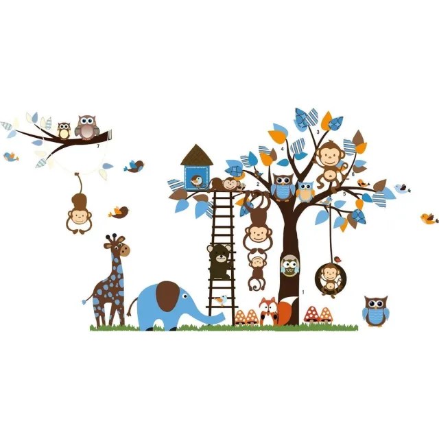 Finnacle - Creëer een avontuurlijke sfeer met deze XXXL Jungle Zoo muursticker! Inclusief blauwe aap, olifant, giraffe, uil, vos, vogels, vogelhuisje, boom, takken, bladeren, paddestoelen en gras (186cm x 95cm). multi