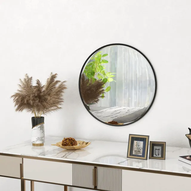 REDOM Wandspiegel - Rond - Met Aluminium Frame - Modern - Voor Badkamer En Woonkamer - Zwart - Ø 61 Cm