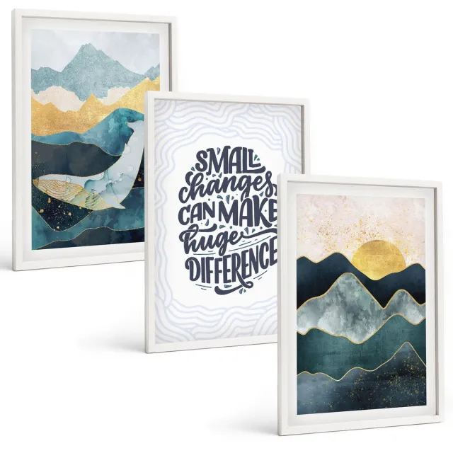 TULUP 3-Delige Schilderij Set - Abstracte berglandschappen met inspirerende belettering - 40x60 - Wanddecoratie - Muurdecoratie - Moderne Interieurdecoratie - Stijlvolle Muurdecoratie Witte lijst