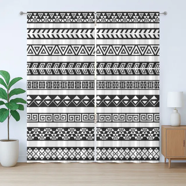 ABAKUHAUS Boho Rustiek Gordijn, Amerikaanse Randen, Slaapkamergordijn met Plooiing, Lussen en Haken, 280 x 225 cm, Zwart-wit