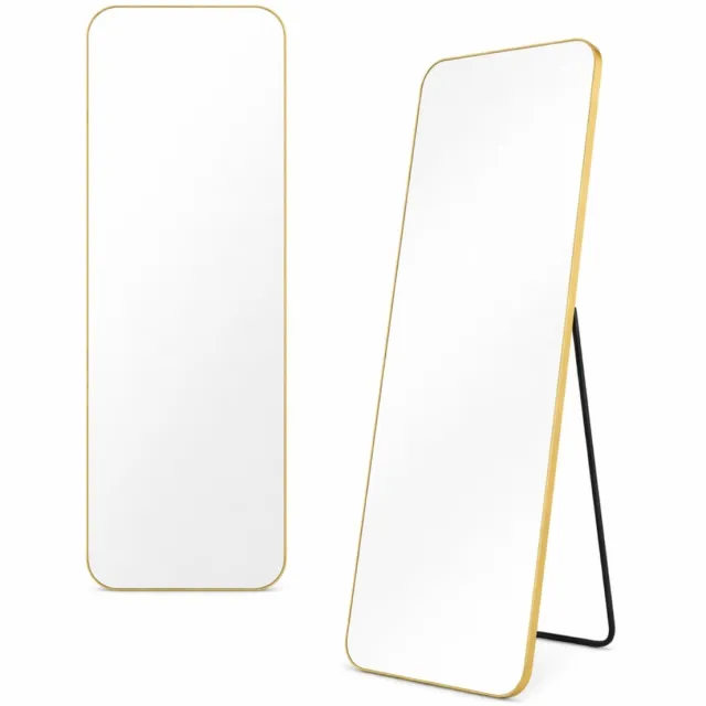 LUXALIVING Passpiegel Goud - Ovale Randen - Moderne Spiegel - Veiligheidsglas - Passpiegel 160x50cm - Staande spiegel met haken - Slaapkamerspiegel - Hangspiegel - Wandspiegel