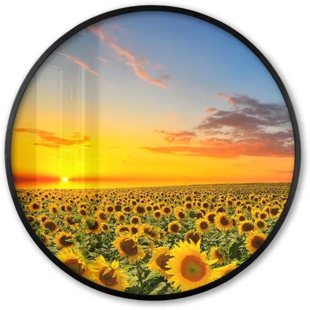 FrameYourWall Poster in lijst Rond - Fotolijst 80x80 cm - Posters - Bloemen - Zonnebloem - Zonsondergang - Nacht - Oranje - Ronde posterlijst zwart - Decoratie - Wanddecoratie woonkamer - Muurdecoratie slaapkamer Bloemen - Zonnebloemen - Veld